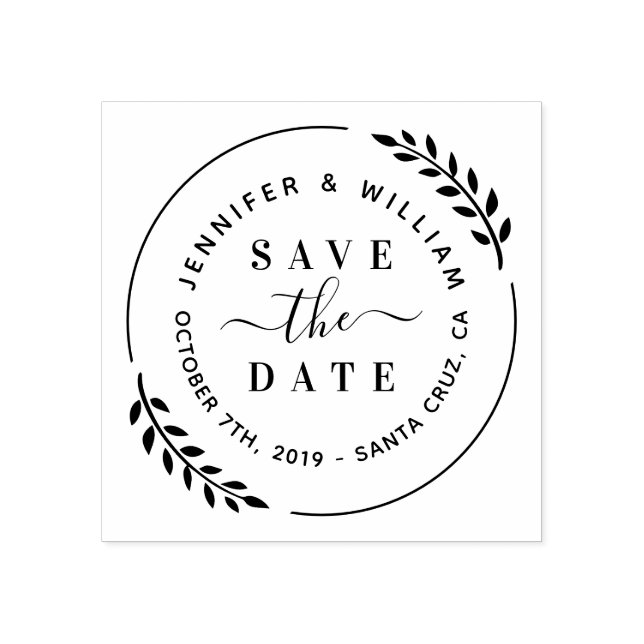 Stylish Modern Wreath & Cute Script Save The Date Rubber Stamp (Imprint)