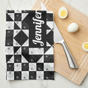 Stylish monochrome chequered floral triangles kitchen towel