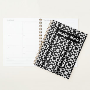 Stylish monochrome chequered floral triangles planner