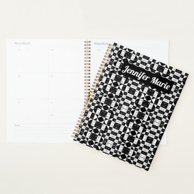 Stylish monochrome chequered floral triangles planner (Display)