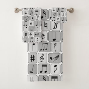 Stylish Monochrome Geometric Music Notes Pattern Bath Towel Set
