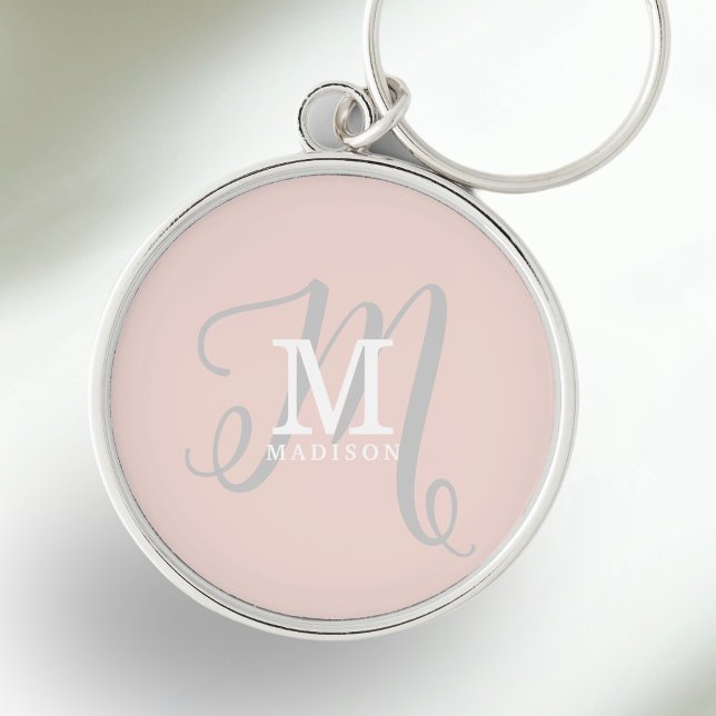 Stylish Monogram and Name Calligraphy Pink Keychain (Personalize this feminine keychain with your name and monogram initial.)