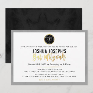 STYLISH MONOGRAM BAR MITZVAH black gold script Invitation