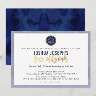 STYLISH MONOGRAM BAR MITZVAH navy blue gold script Invitation