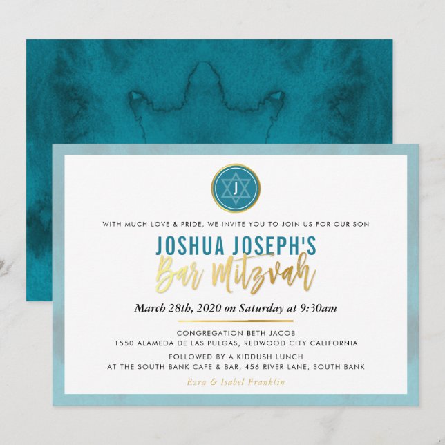 STYLISH MONOGRAM BAR MITZVAH teal blue gold script Invitation (Front/Back)
