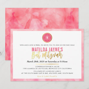 STYLISH MONOGRAM BAT MITZVAH coral pink gold Invitation