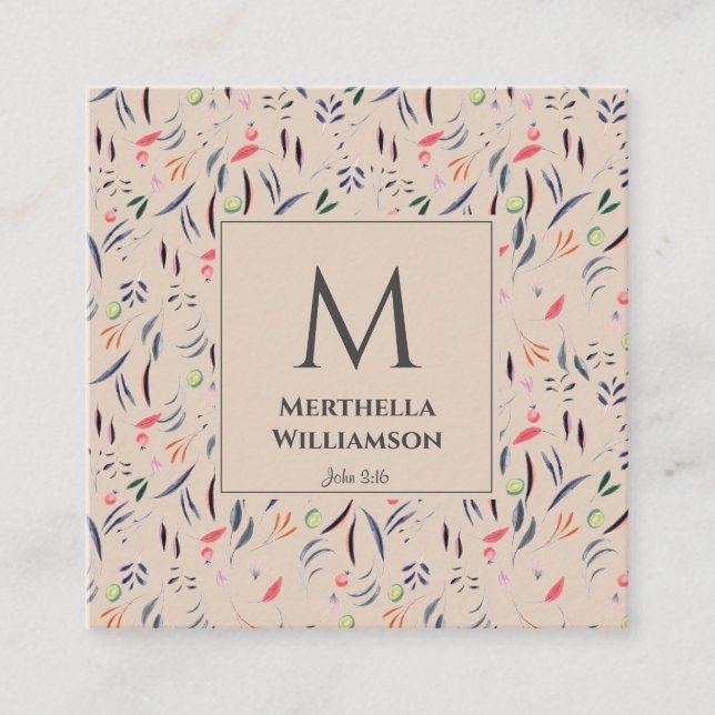 Stylish MONOGRAM Beige Floral Square Business Card (Front)