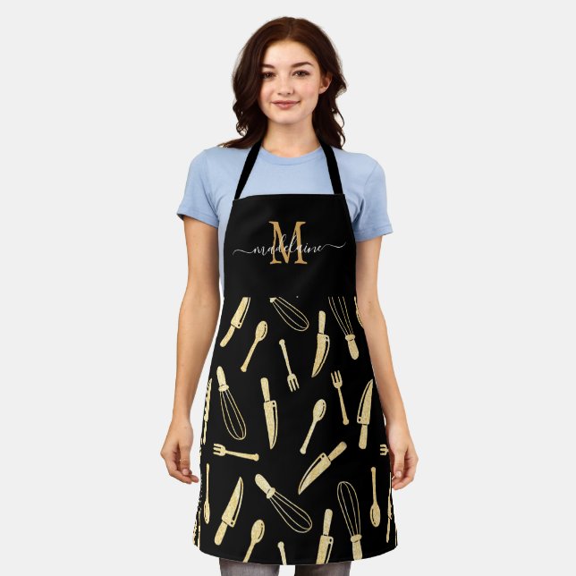 Stylish Monogram Black and Gold Kitchen Utensils  Apron (Worn)