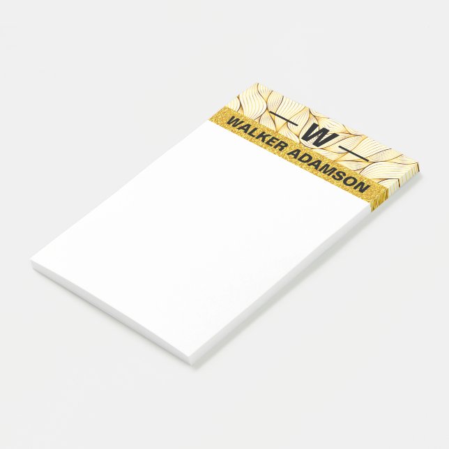 Stylish Monogram Black Gold Name, Minimal Elegant Post-it Notes (Angled)