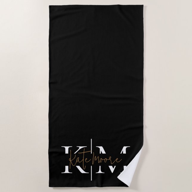 Stylish Monogram Black Gold Script Elegant  Beach Towel (Front)