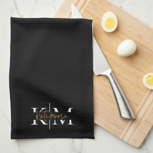 Stylish Monogram Black Gold Script Elegant Kitchen Towel