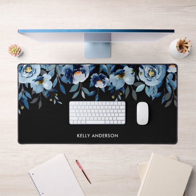 Stylish Monogram Black Watercolor floral Desk Mat (Office 1)