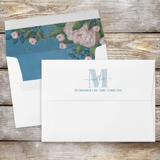 Stylish Monogram Blue Floral Rose Return Address Envelope (Creator Uploaded)