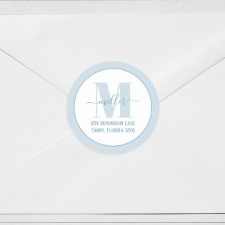 Stylish Monogram Blue Simple Return Address Classic Round Sticker