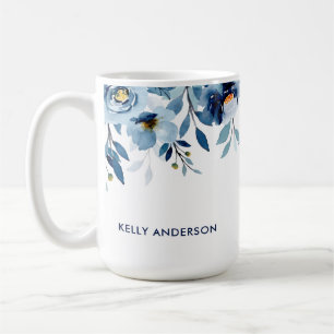 Stylish Monogram Blue Watercolor floral Coffee Mug