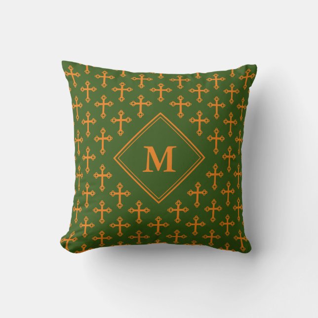 Stylish Monogram CROSS Green Orange Throw Pillow (Front)