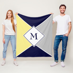 Stylish MONOGRAM Geometric   Navy Yellow Grey Fleece Blanket