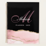 stylish monogram gold and blush agate  planner<br><div class="desc">Monogram stylish script lettering with an elegant black background with girly blush pink and gold agate. The text features can be customized.</div>