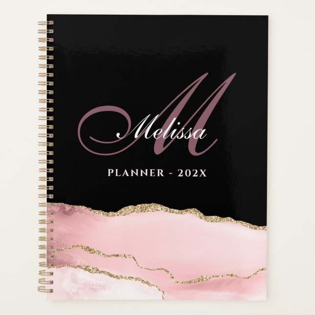 stylish monogram gold and blush agate  planner (Front)