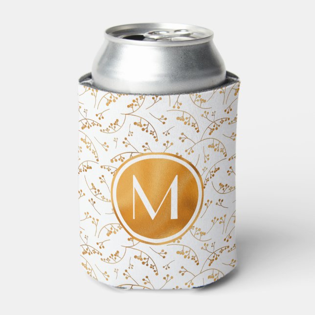 Stylish monogram gold berries pattern on white can cooler (Can Front)