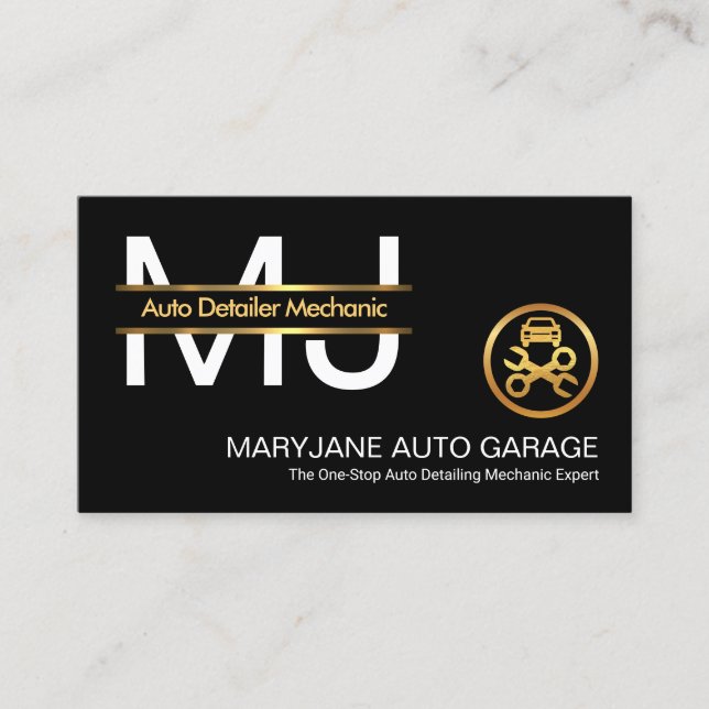 Stylish Monogram Gold Border Line Car Mechanic Business Card (Front)