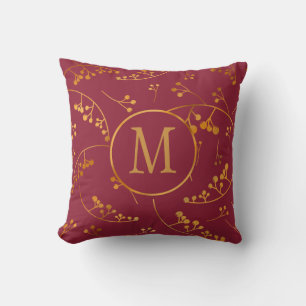 Stylish monogram gold masala pink berry pattern throw pillow