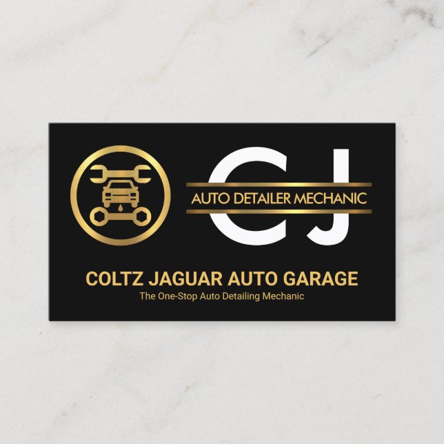 Stylish Monogram Gold Placard Auto Garage Business Card (Front)
