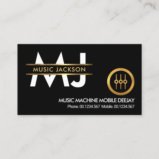 Stylish Monogram Gold Placard Border Deejay DJ Business Card (Front)