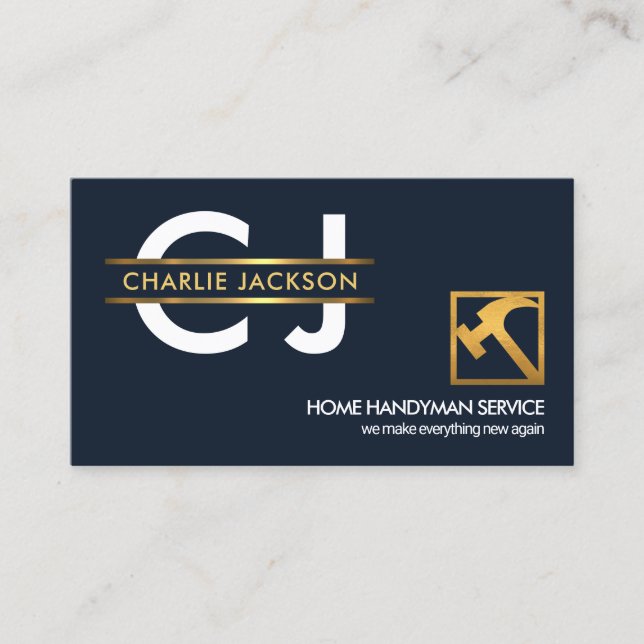 Stylish Monogram Gold Placard Handyman Builder Business Card (Front)