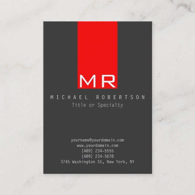 Stylish Monogram Grey Red Clean Business Card (Front)