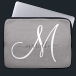 Stylish Monogram Grey White Script Faux Linen Laptop Sleeve<br><div class="desc">Personalized chic and stylish faux grey linen laptop sleeve with a white monogram initial and script name in black. The linen is a photo effect background. A modern and trending minimalist style.</div>