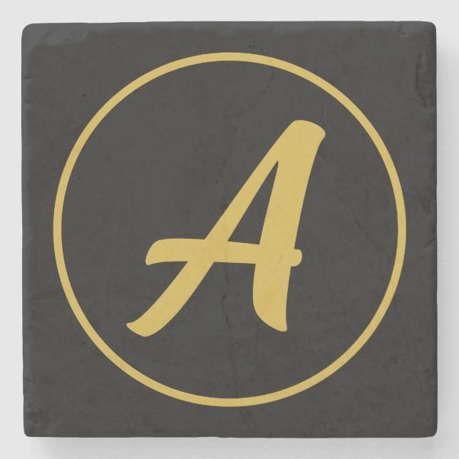 Stylish Monogram Initial Letter Gold Colour Black Stone Coaster (Front)