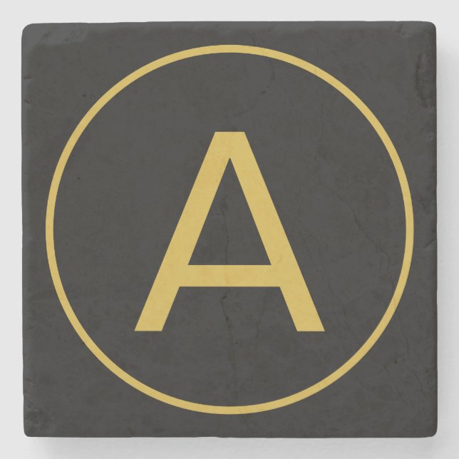 Stylish Monogram Initial Letter Gold Colour Black Stone Coaster (Front)