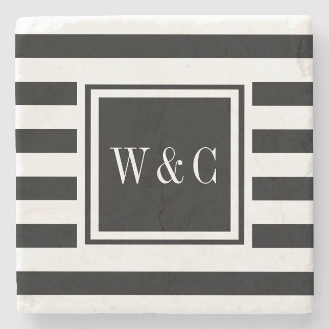 Stylish Monogram Initials Black White Stripe Stone Coaster (Front)