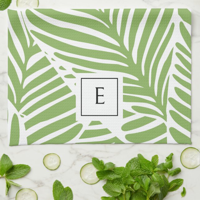 Stylish Monogram Leaf Pattern Plant Lover Kitchen Towel (Folded)