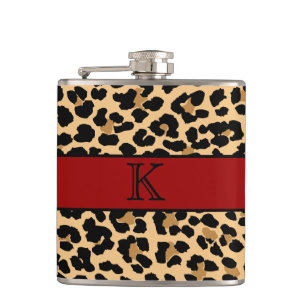 Stylish Monogram Leopard Print & Red Custom Flask