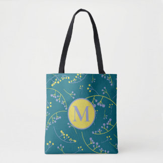 Stylish monogram lilac yellow berry pattern tote bag