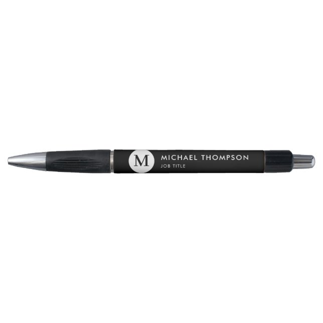 Stylish Monogram Modern Black White Job Title Pen (Front)