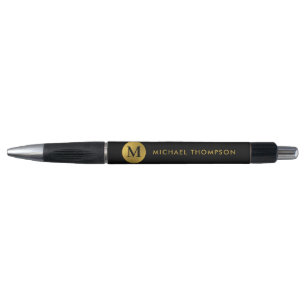 Stylish Monogram Modern Elegant Black Gold Pen