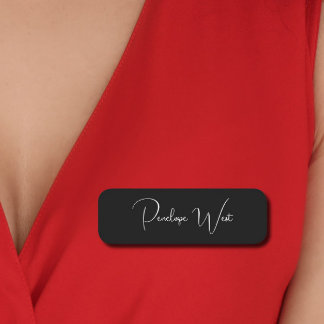 Stylish Monogram Modern Minimalist Black Script Name Tag