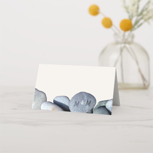 Stylish Monogram Modern Rustic Pebbles Wedding Place Card (Front)