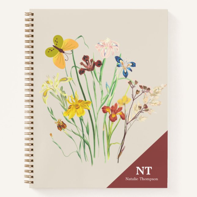 Stylish monogram name and initial floral Burgundy Notebook (Front)