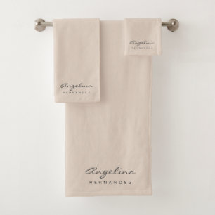 Stylish Monogram Name Beige Modern Minimalist Bath Towel Set