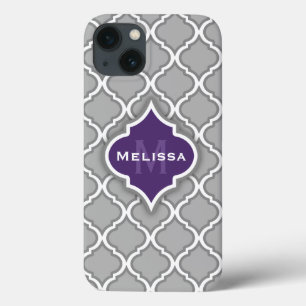 Stylish Monogram Name Purple Grey Moroccan Pattern iPhone 13 Case
