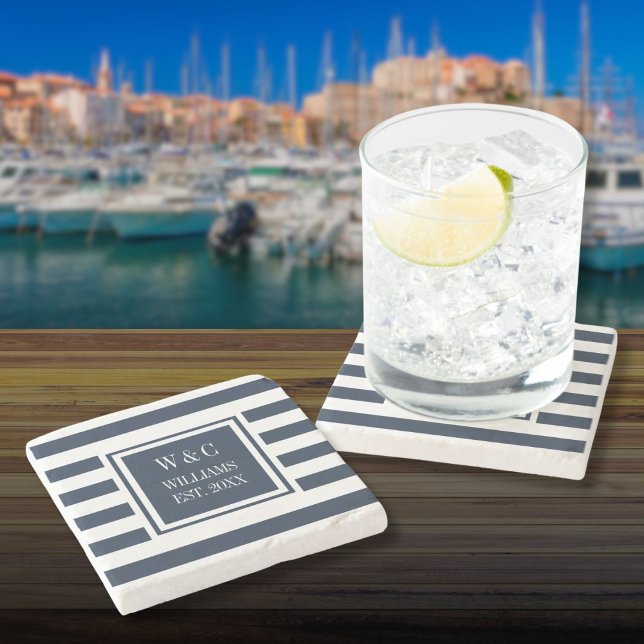 Stylish Monogram Navy Blue White Stripe Stone Coaster (Stylish Monogram Navy Blue White Stripe Stone Coaster)