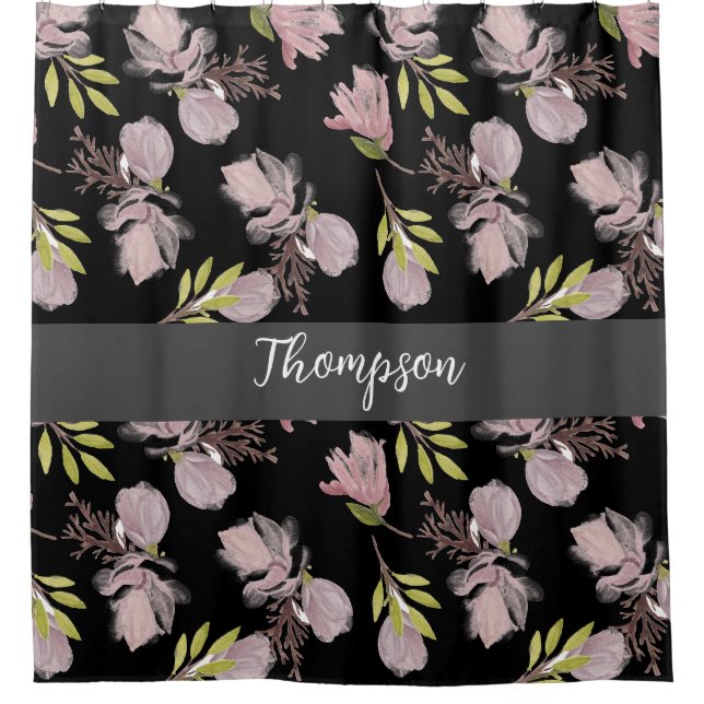 Stylish monogram night garden black, pink floral (Front)