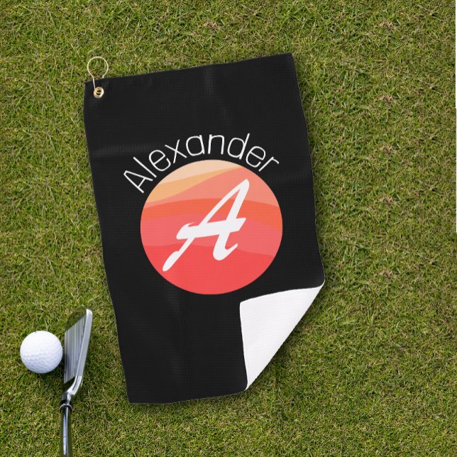 Stylish monogram orange letter A black golf towel (Creator Uploaded)