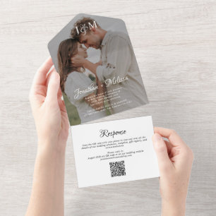 Stylish Monogram Photo Script QR Code Wedding All In One Invitation