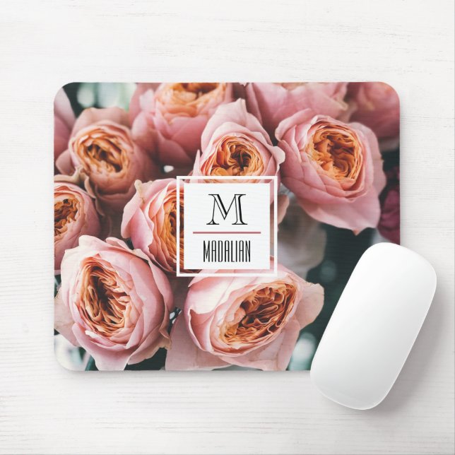 Stylish monogram pink rose modern floral photo mouse pad (With Mouse)