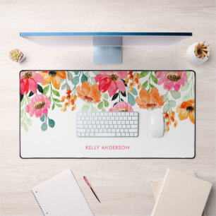 Stylish Monogram Pink Watercolor floral Desk Mat